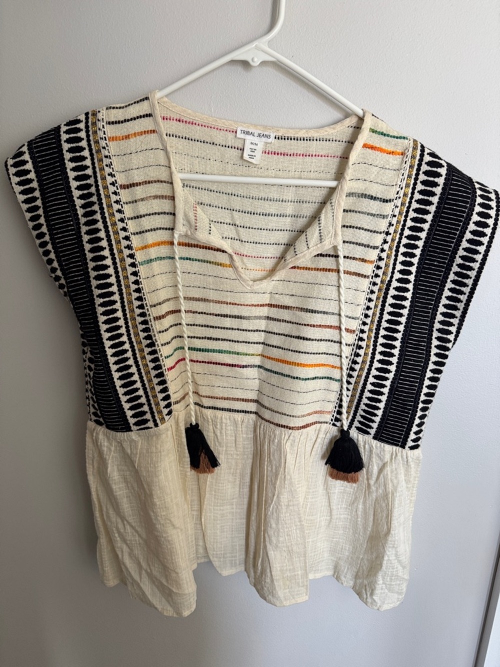 Tribal Cream Blouse with Black Trim and Multicolor Stripes